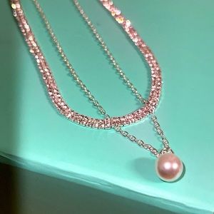 Fashion Jewelry Double Chain Necklace 3 Rows Connected CZ Chain w/Single ‘Pearl’